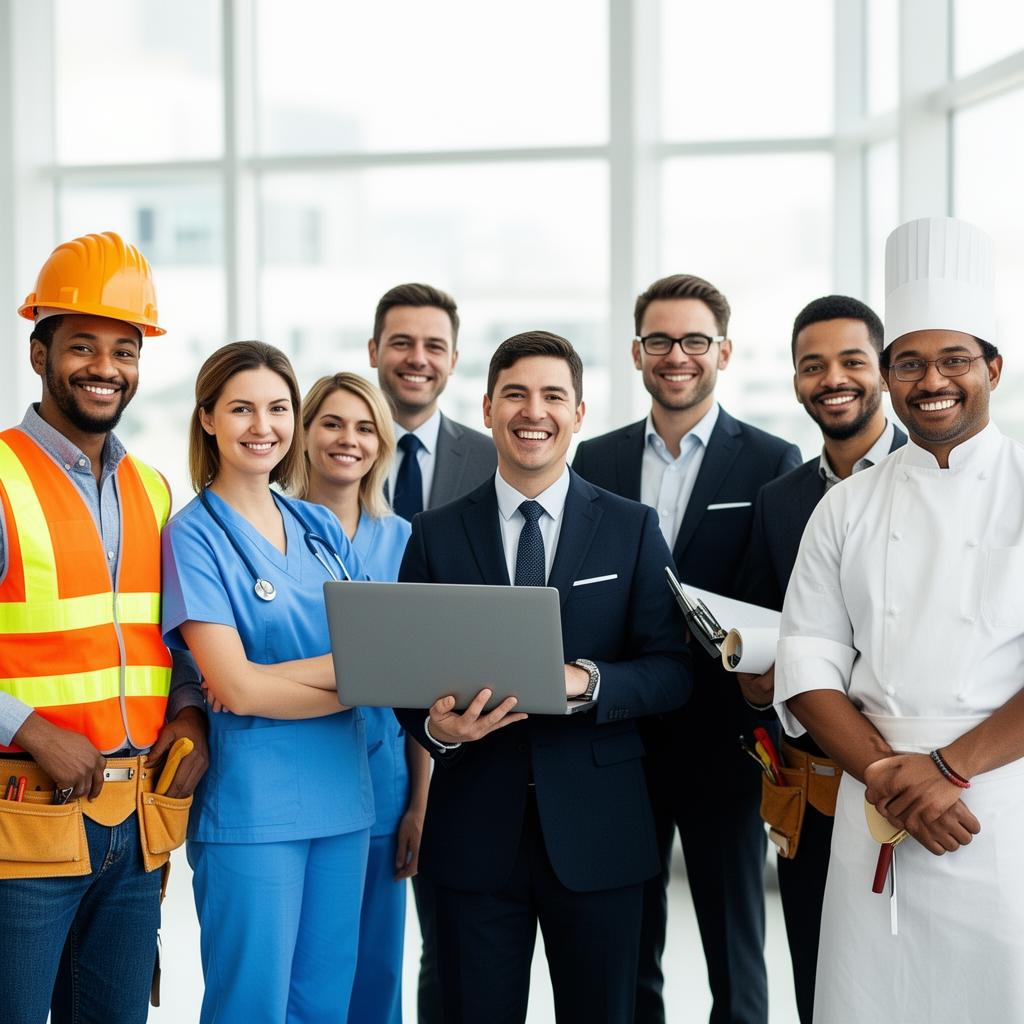 Diverse professionals from healthcare, construction, hospitality and IT sectors