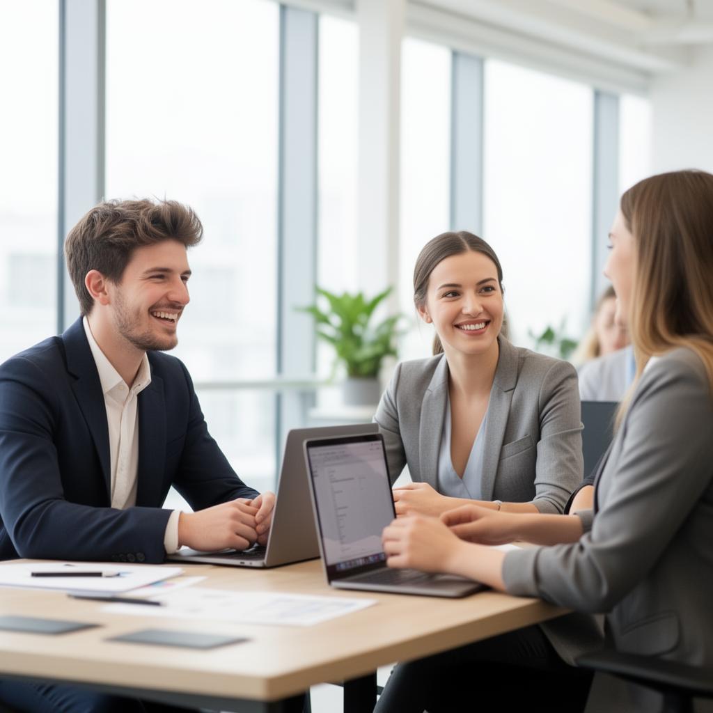 Young consultants in a modern office discussing recruitment plans with a client